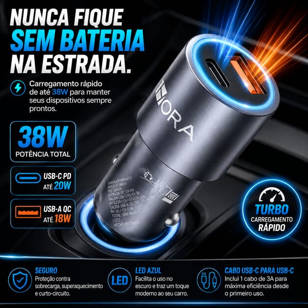 Carregador Veicular USB-C PD 38W Turbo USB-A Quick Charge Carregamento Rápido Com Cabo USB-C