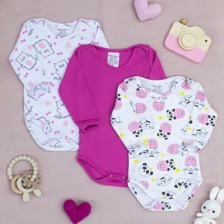 Trio de Body Fresco Bebê Menina e Menina em Malha Ribana 100% Algodão Estampadas Roupas de Bebê
