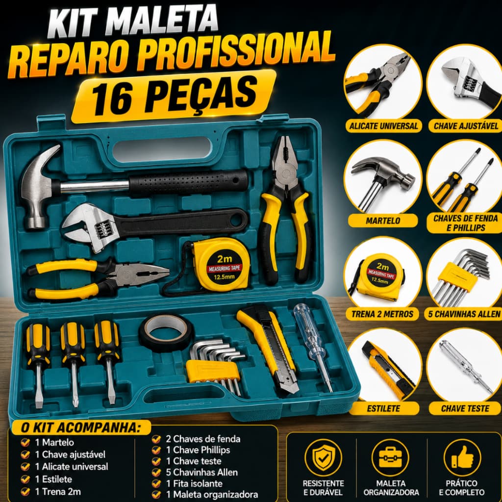 Kit Ferramentas 16 Peças Com Maleta Chave Ajustável Martelo Alicate Trena Completo Multiuso