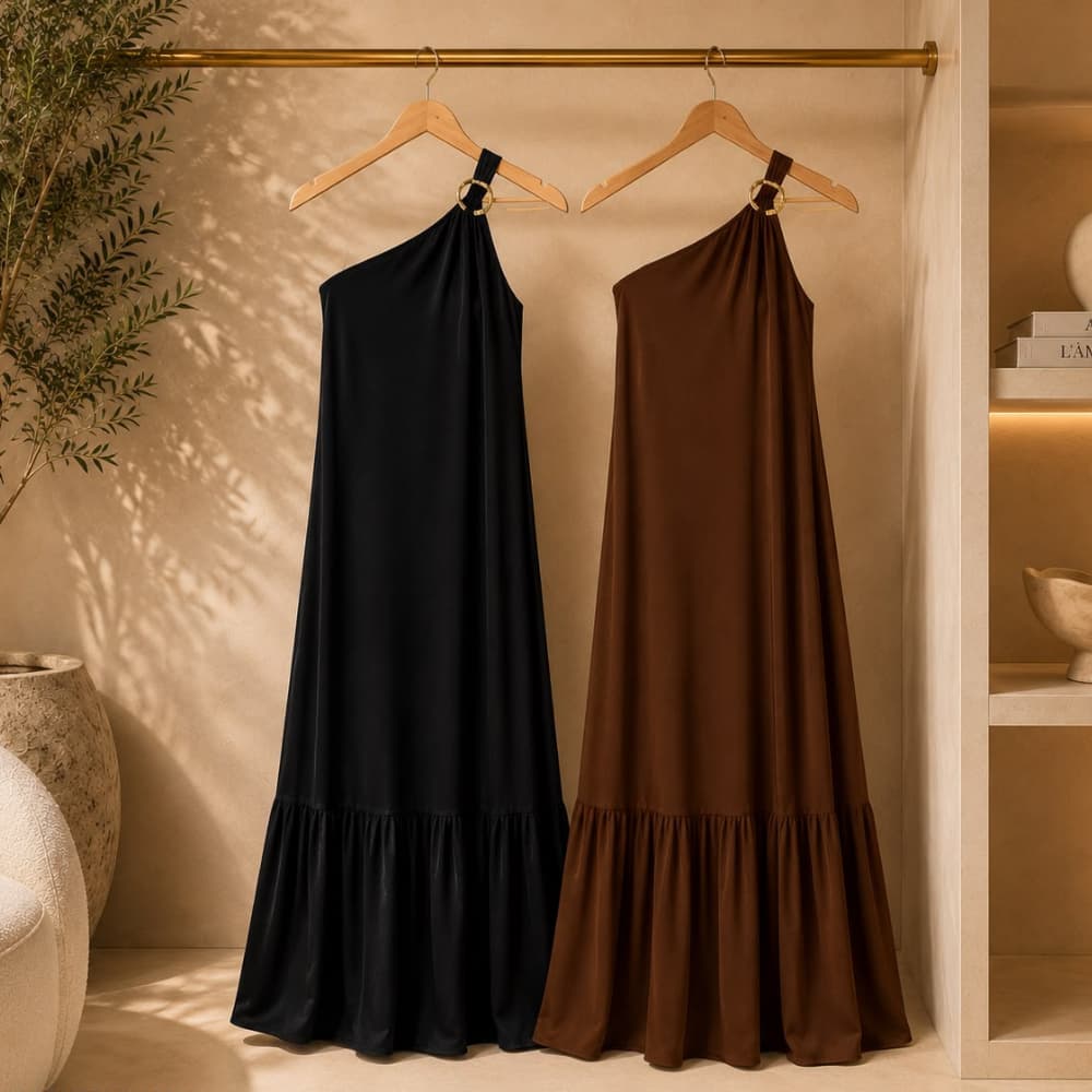 Vestido Longo Ombro Único Feminino Elegante - Caimento Fluido com Detalhe Dourado e Barra Franzida