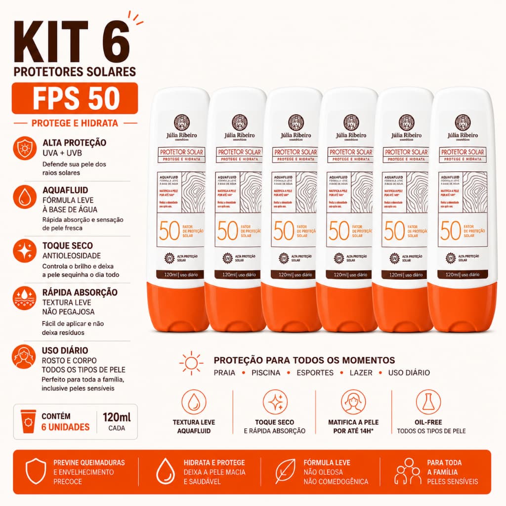 KIT 6 PROTETOR SOLAR JULIA RIBEIRO 50 FPS, 120ml FACIAL E CORPORAL.
