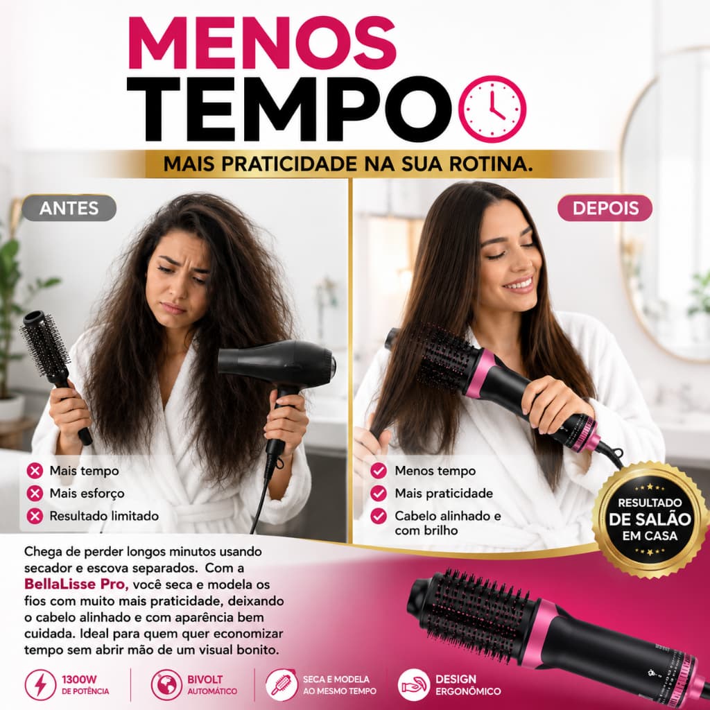 Escova Secadora Cabelo Profissional Bivolt Alta PotenEscova Secadora de Cabelo BellaLisse Pro 1300W Bivolt Seca Alisa Mo