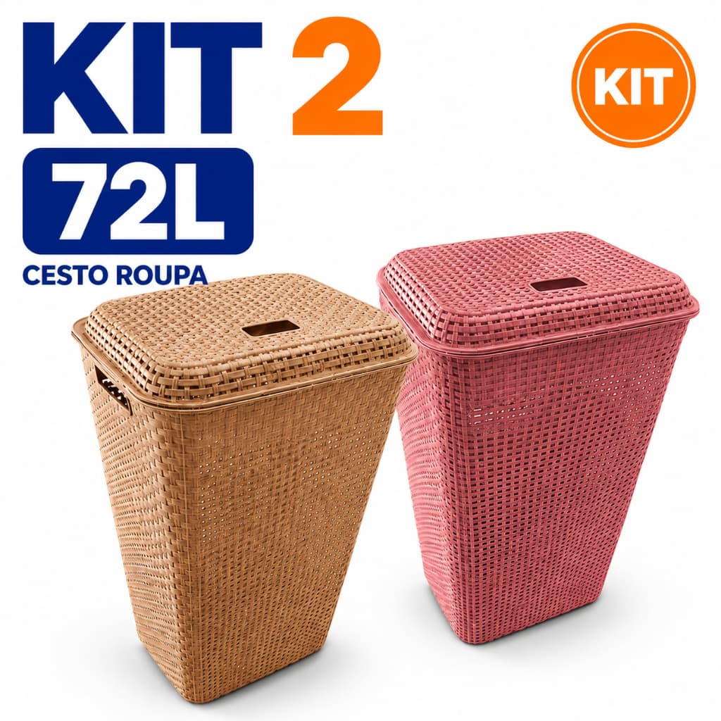 Kit 2 Cesto Roupa Suja 72L Rattan Grande Tampa Organizador Lavanderia Banheiro Família Roupeiro Resistente Envio Rápido