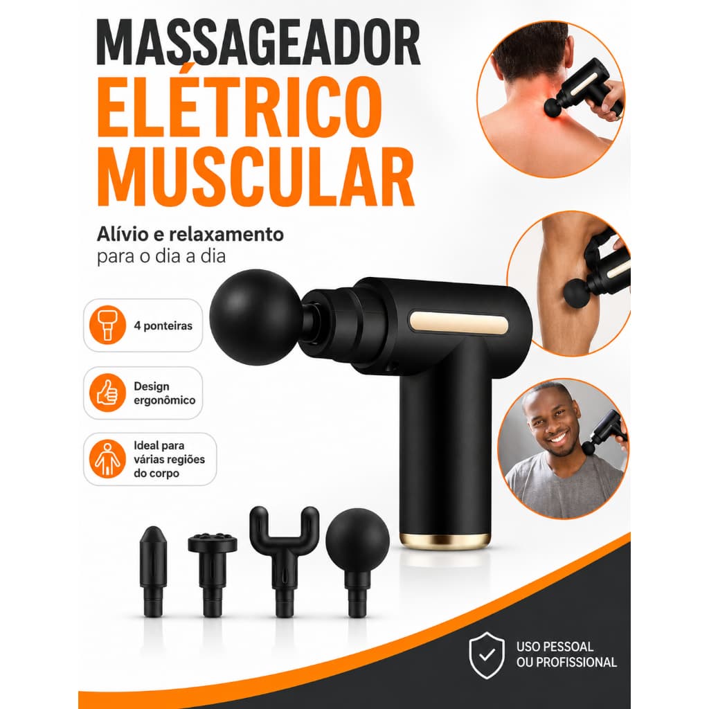 Pistola de Massagem Muscular Portátil Elétrica Profissional Recarregável USB com Múltiplas Ponteiras para Relaxamento