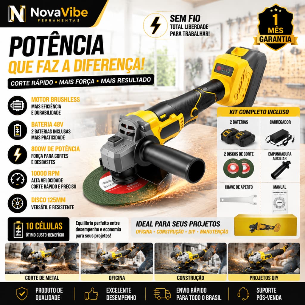Esmerilhadeira Angular 48V Brushless 800W Alta Potência 10000RPM Sem Fio para Corte de Metal e Construção