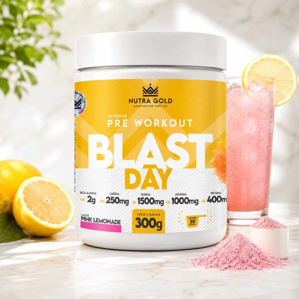 PRÉ TREINO BLAST DAY NUTRA GOLD DIURNO 300 GR SABOR PINK LEMONADE CAFEÍNA ALTA PERFORMANCE ACADEMIA