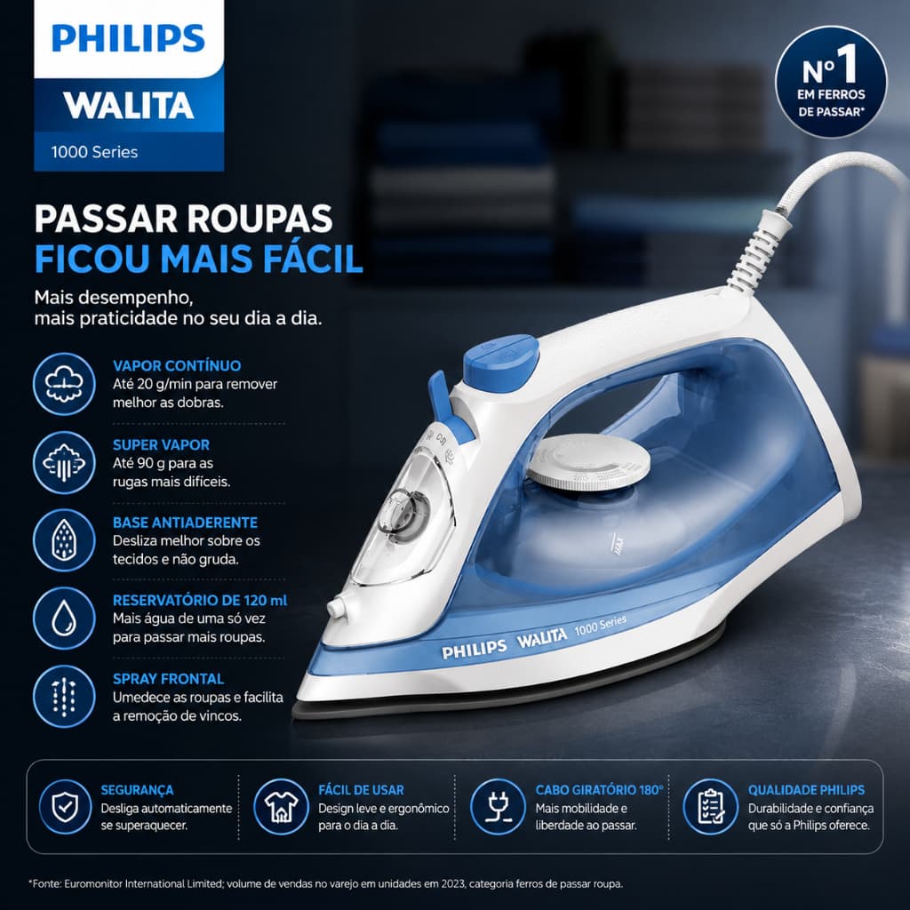 Ferro a Vapor Philips Walita Série 1000 DST1050 127V Base Antiaderente
