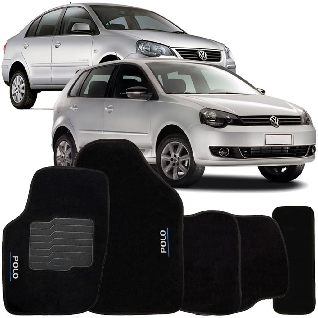 Jogo de Tapete Automotivo Carpete Volkswagen Polo 2003 à 2015 Soft Logo Bordado Preto 5 Peças