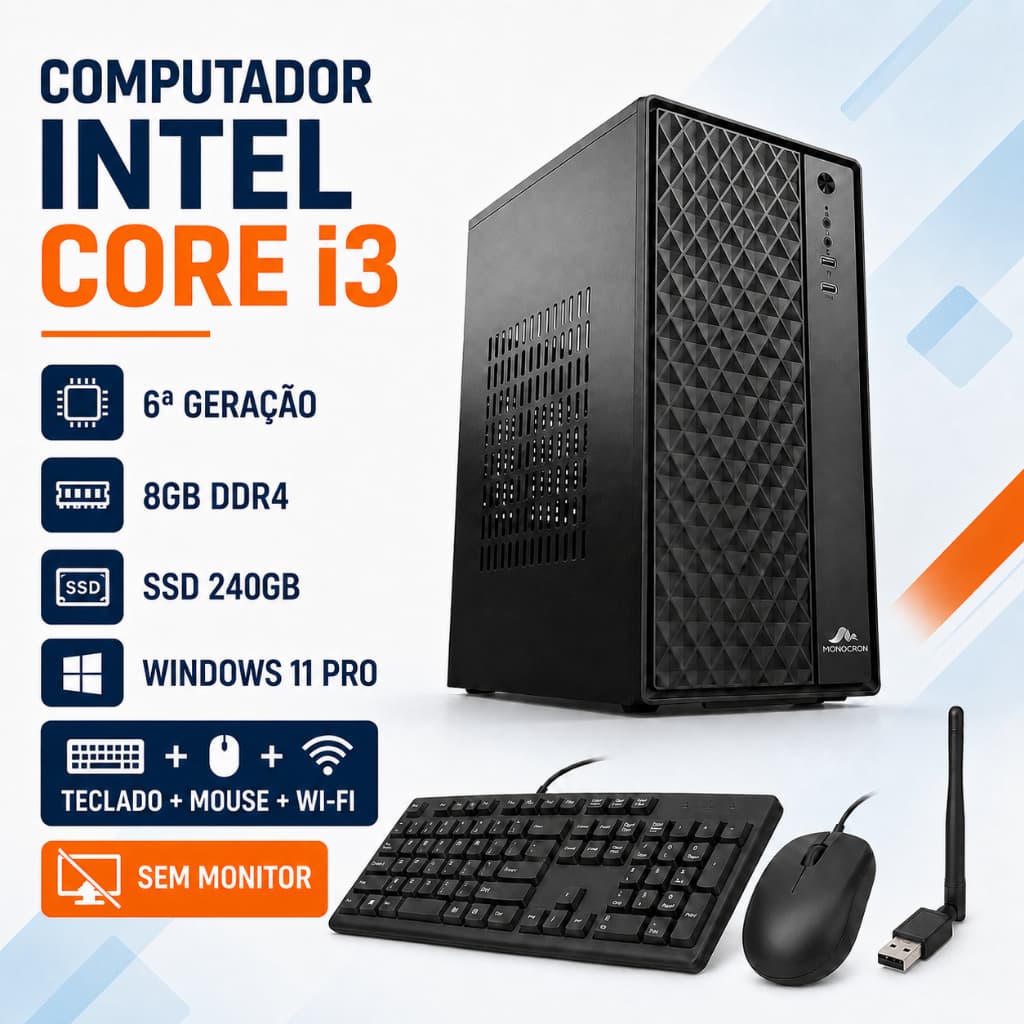 Computador Intel Core i3 6ª Geração 8GB DDR4 SSD 240GB Wi-Fi Windows 11 Pro + Kit