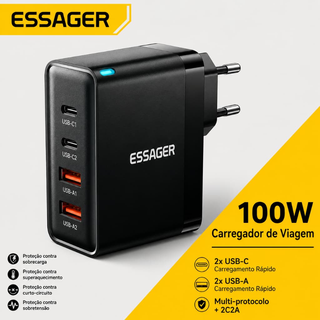 Essager Carregador GaN 100W USB-C PD 4 Portas, Carga Rápida para iPhone, Xiaomi, MacBook e Smartphones
