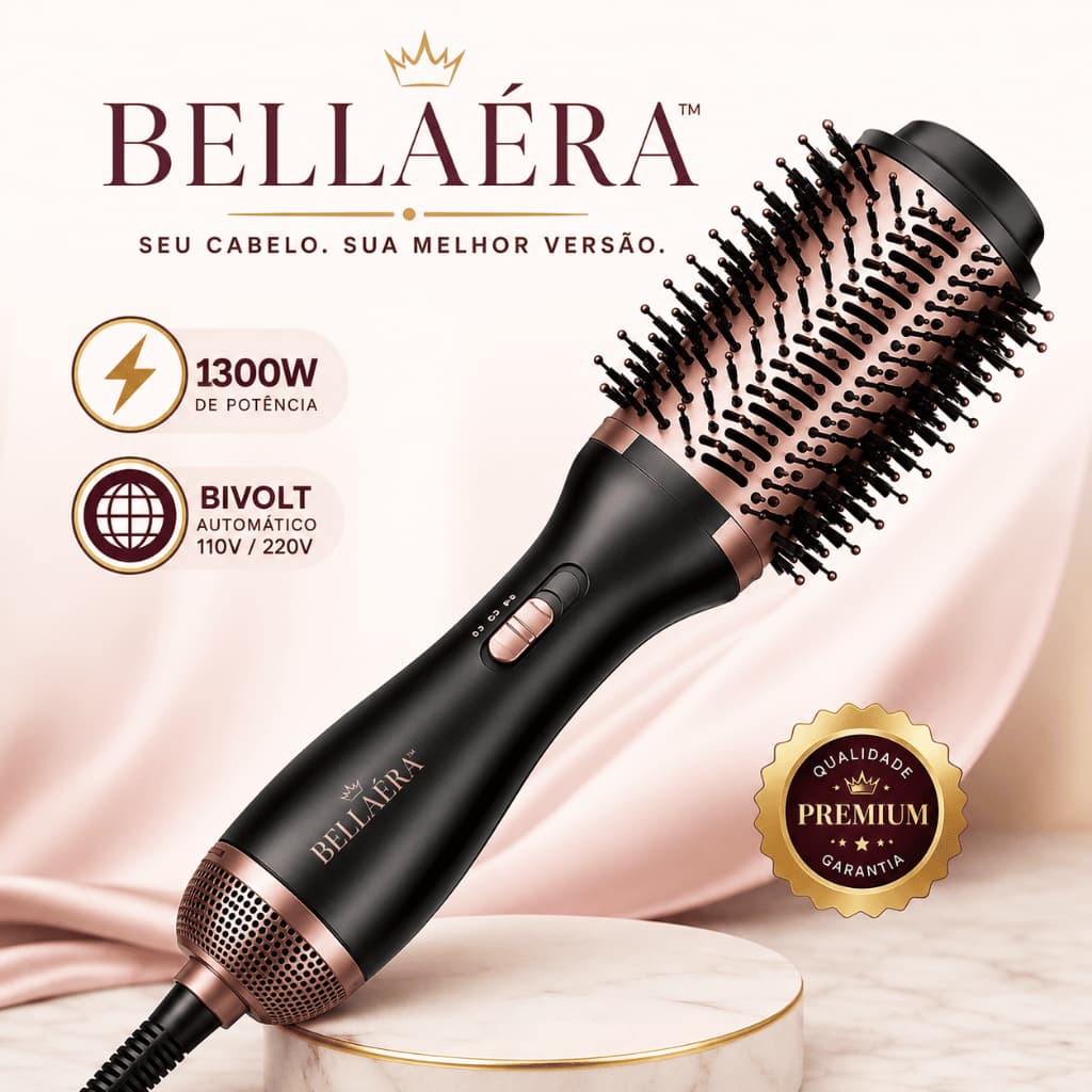 Escova Secadora Alisadora 1300W Bivolt Automática 110V 220V Profissional Modeladora Cabelo BELLAÉRA