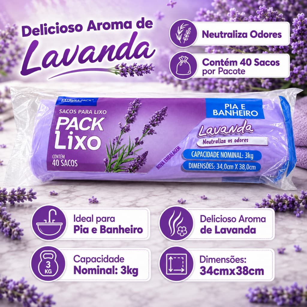 Pack Saco de Lixo Lavanda Pia e Banheiro 34x38cm Neutraliza Odores Material Resistente