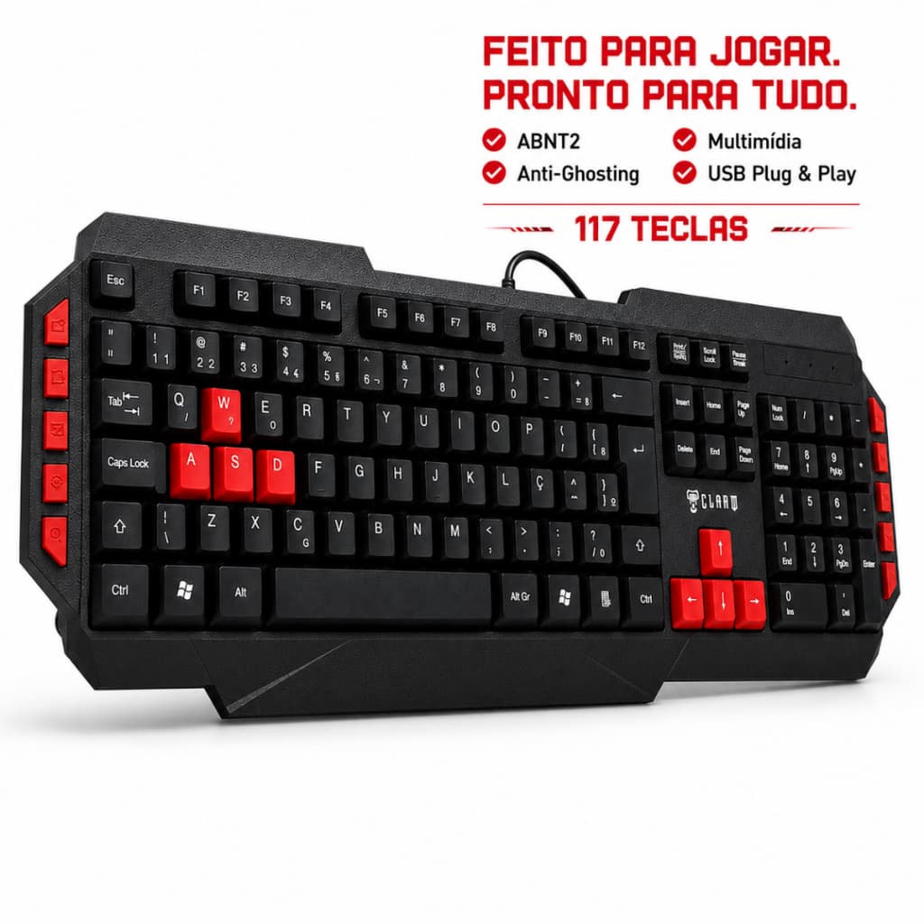 Teclado Gamer CLANM Styger Preto Vermelho ABNT2 USB 117 Teclas Multimídia Anti-Ghosting Teclas Atalho PC Notebook
