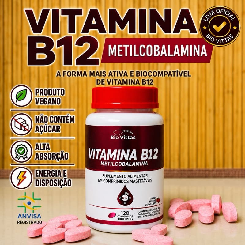Vitamina B12 Mastigável 1000mcg Metilcobalamina 120 Comprimidos Bio Vittas Original