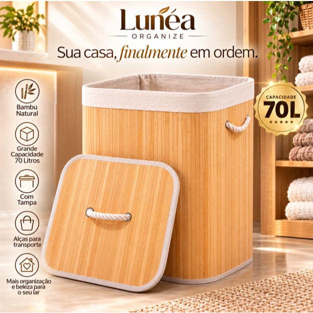 Cesto Organizador de Bambu 70L com Tampa e Alças para Roupas, Banheiro e Lavanderia