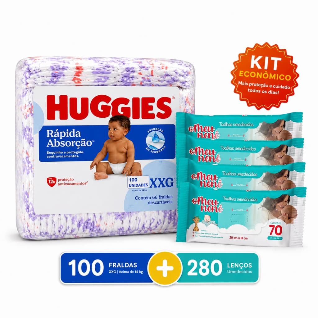 Kit Fraldas Huggies 100 Unidades + 280 Toalhas Umedecidas Econômico