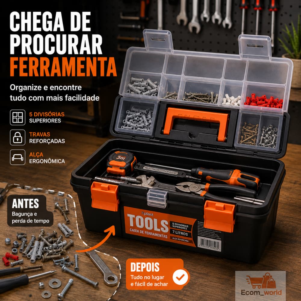 Caixa de Ferramentas 7L Maleta Organizadora Reforçada Portátil com 5 Divisórias para Ferramentas.