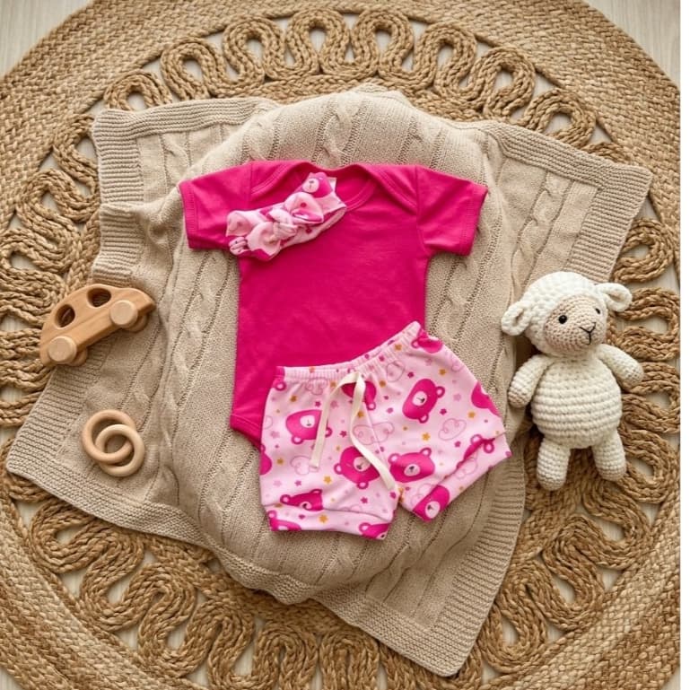 Conjunto de Bebê Menina Body e Short e Tiara Malha Algodão