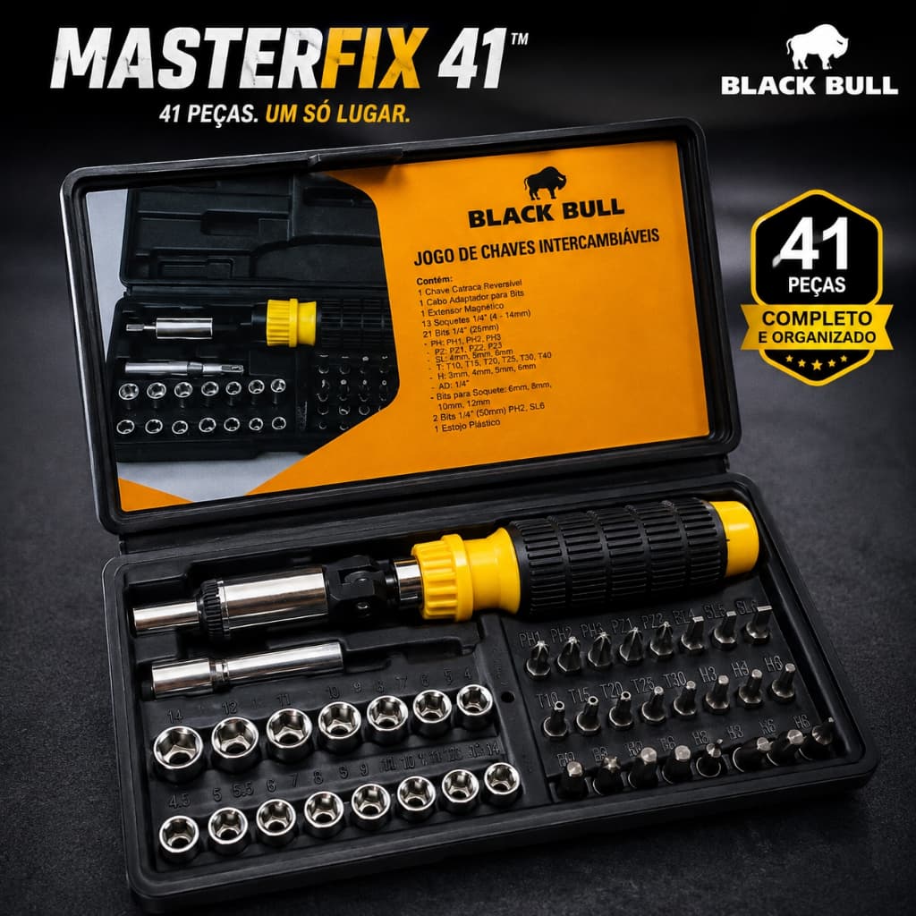 Jogo de Chaves 41 Peças MasterFix com Catraca, Soquetes e Bits Intercambiáveis para Reparos