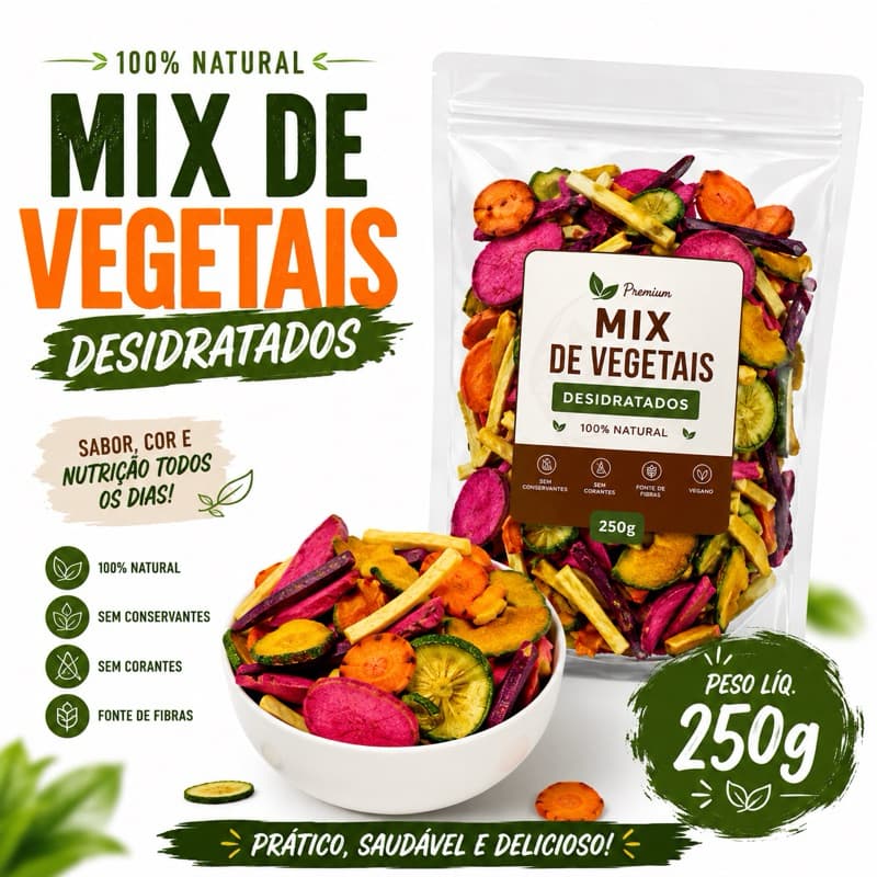 Mix de Vegetais Desidratados 250g 100% Natural Legumes Crocantes Snack Saudável Fonte de Fibras Sem Conservantes