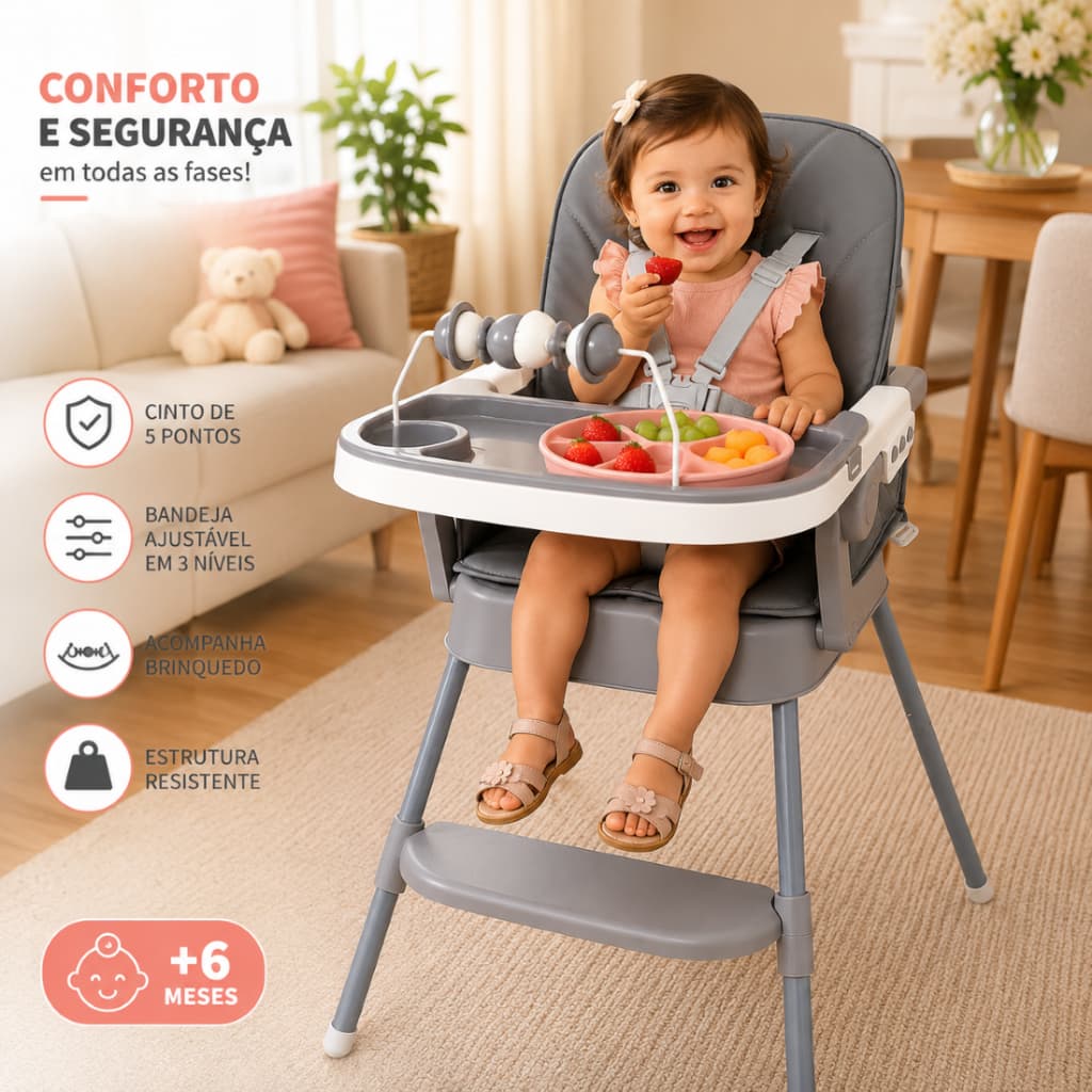 Cadeira de Alimentação para Bebê Reforçada com Bandeja Ajustável e Cinto 5 Ponto - Portátil