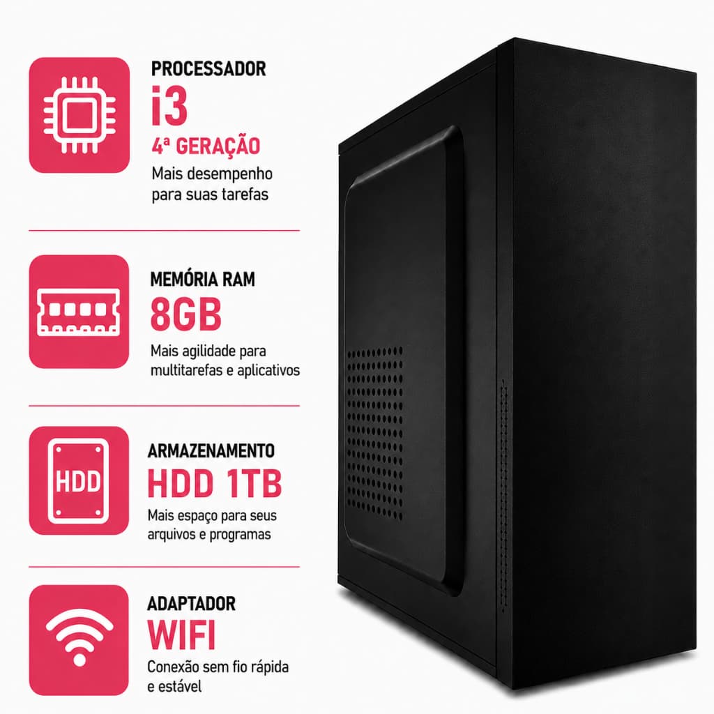 Desktop Novo Computador Intel i3 De 4ª Geração 8Gb Ram Ddr3 HD 1TB Cpu Torre Com Wifi Cabo De Força