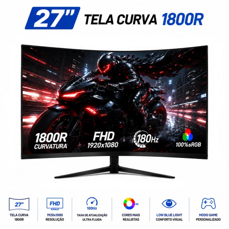 Monitor Gamer Curvo 27 Polegadas Alto-falante embutido180Hz 1ms Painel IPS com FreeSync  Design Ultrafino Conexões HDMI