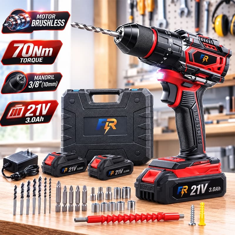 Parafusadeira Furadeira de Impacto Brushless 21V 70Nm Profissional com 2 Baterias 2.0Ah