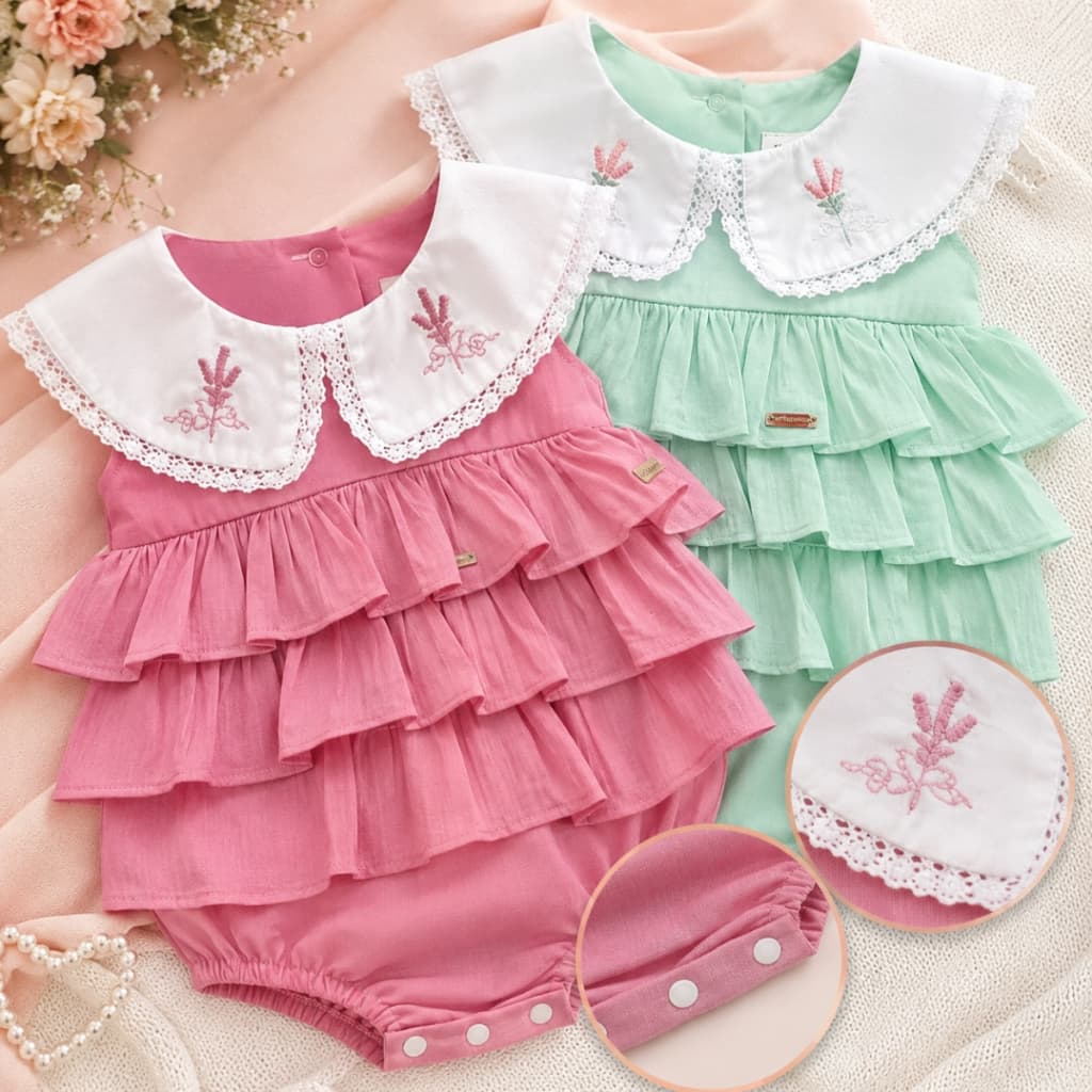 Body infantil para bebe bordado com gola e babados confortavel e charmoso bory para menina
