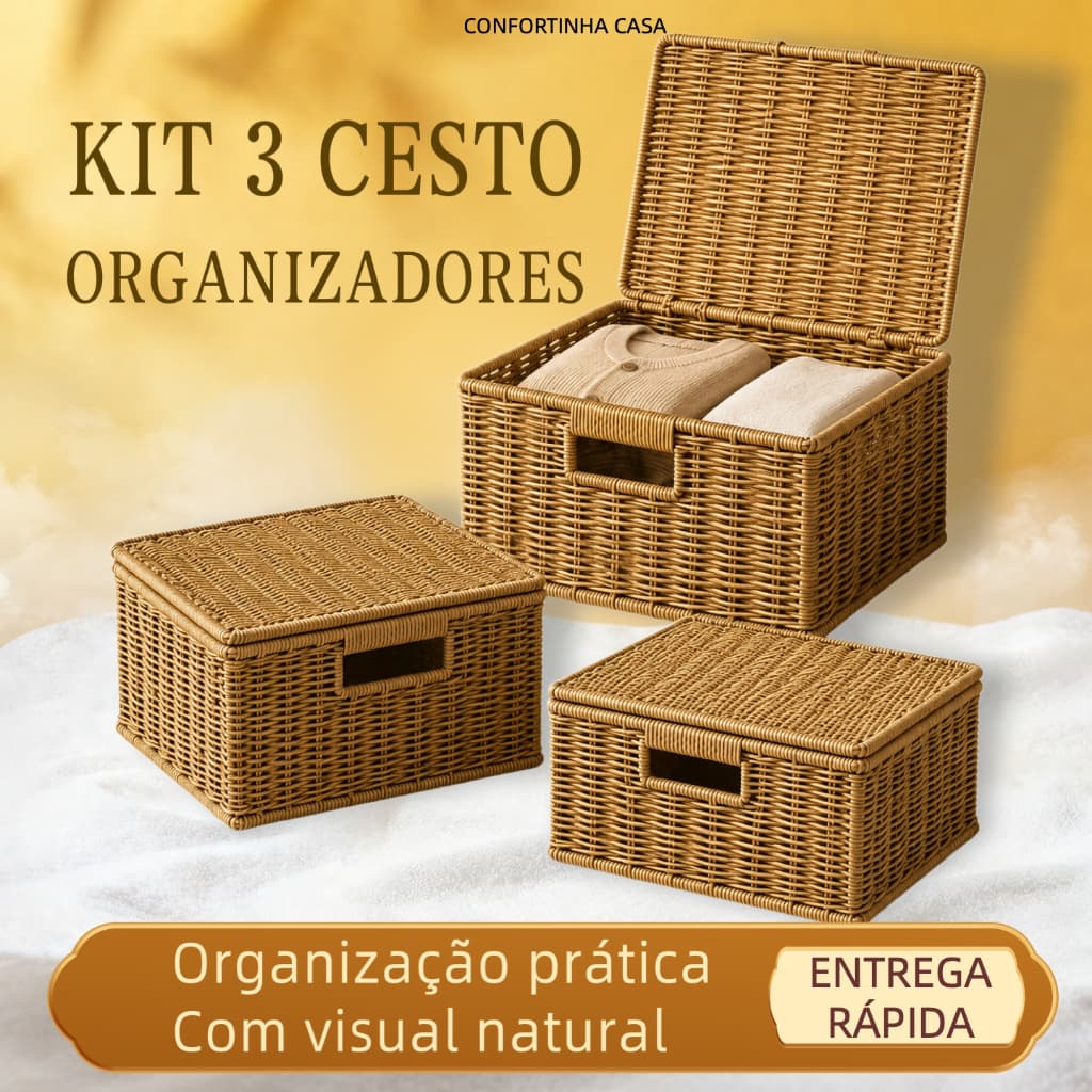 Kit 3 Cestos Organizadores com Tampa Plástico Trançado Multiuso para Closet Quarto Banheiro