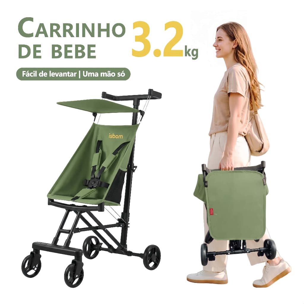 Carrinho Guarda‑Chuva ISBOM Pocket Bebê 8M - 15 Kg Dobrável Compacto Verde