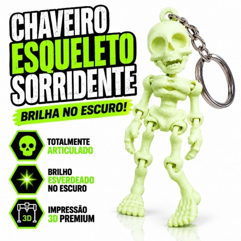 Chaveiro Esqueleto Articulado Brilha no Escuro Fluorescente Boneco Flexível 3D