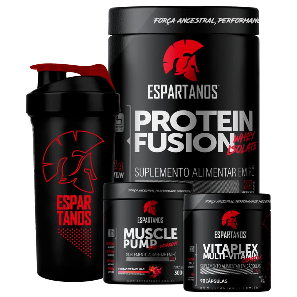 Kit Whey Fusion + Pré Treino + Multivitamínico + Shaker - Espartanos
