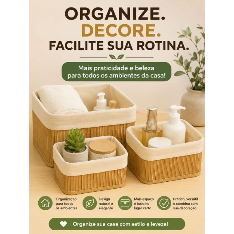 Kit 3 Cestos Organizadores Bambu Sustentavel Casa  Banheiro Quarto Sala Cozinha