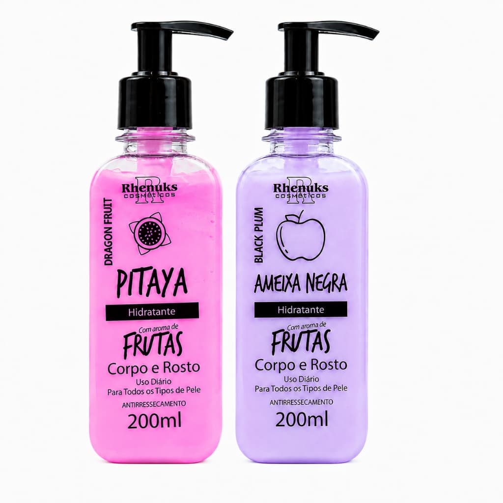Kit 2 Creme Hidratante Facial e Corporal Frutas Rhenuks 200ml – Pitaya e Ameixa Negra Pele Macia