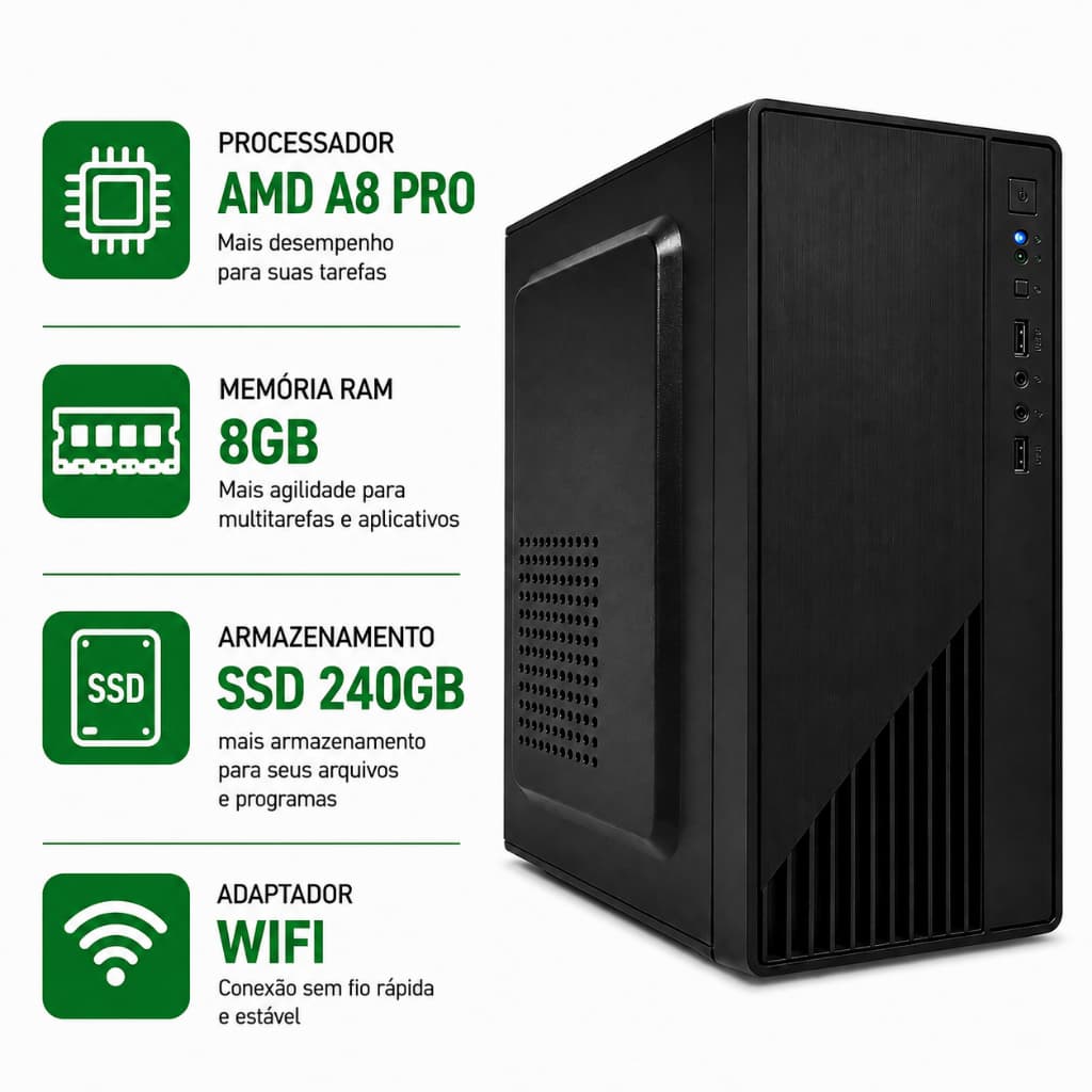 Desktop Computador Novo AMD A8 Pro HDMI SSD 240Gb 8Gb Ram Ddr3 Cpu Torre Com Wifi Cabo De Força