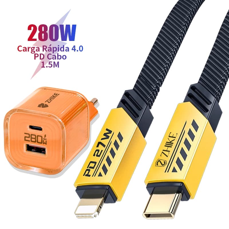 Kit Cabo Carregador Celular Carregamento Rápido Compatível com iPhone 11 12 13 14 1.5M Trançado Nylon Com Adaptador GaN
