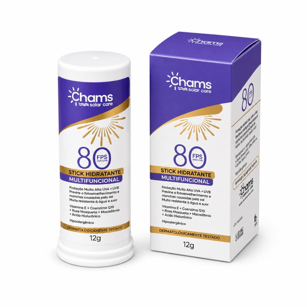 Protetor solar bastão sem cor hidratante 80 FPS Chams Branco | Protetor solar facial bastão 12g