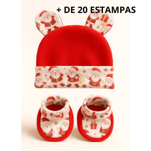 Kit Bebê Natal Touca de Orelhinhas e Pantufas 0 a 6 Meses Menino Menina em Soft