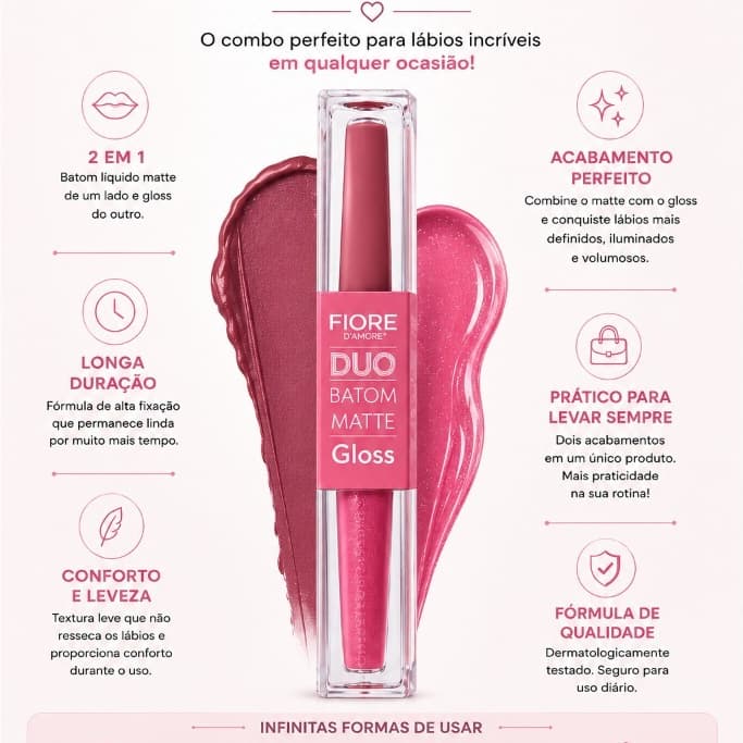 Batom Fiore 2 Em 1 - Batom Matte Liquido + Gloss