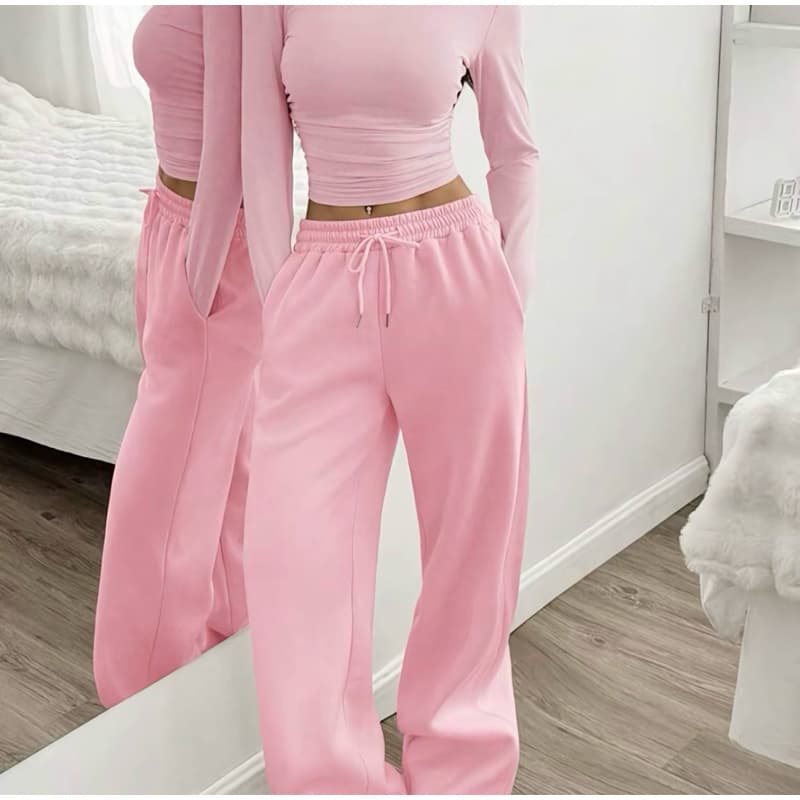 Conjunto Feminino Blusa Manga Longa Poliamida Baby Tea Look Calça Moletom Moda Confortável Elegante Casual Tendência