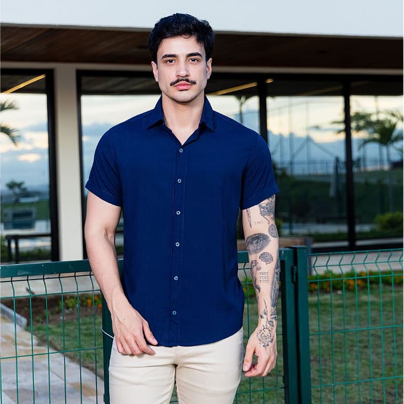 Camisa Social Masculina Manga Curta Linho Viscose Slim Fit Verão