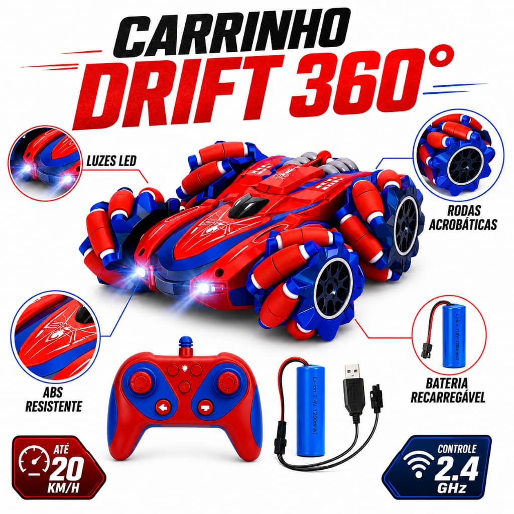 Carrinho Controle Remoto Homem-Aranha Drift 360° Recarregável 20km/h 2.4GHz LED Movimento Lateral Escala 1:16
