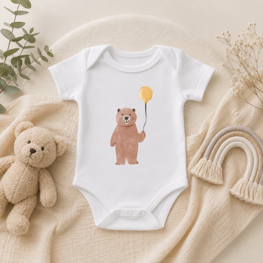 Body Bebê Ursinho com Balão Fofo | Body Infantil Unissex | Body Estampado para Bebê | Roupa Bebê Menino e Menina