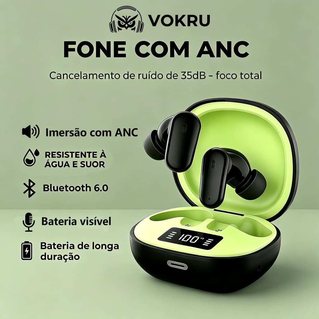 Fones De Ouvido Bluetooth Sem Fio E Cancelamento Ativo De Ruído (ANC) I Fone de Ouvido Esportivo Antitranspirante
