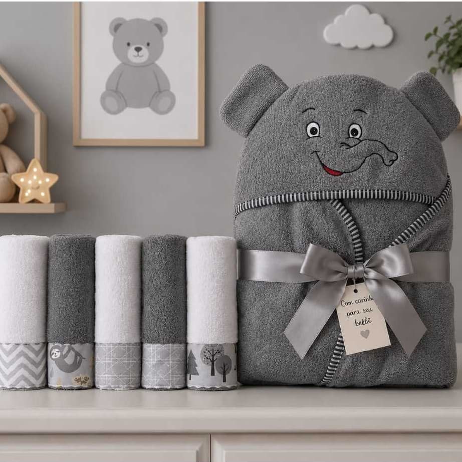 Kit Bebê 6 Peças Toalha com Capuz Bordada + 5 Toalhinhas de Ombro Enxoval Maternidade