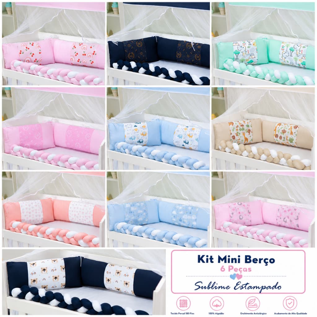 Kit Mini Berço Coleção Sublime 6 Peças Completo Enxoval Bebê Menino Menina Macio com Zíper