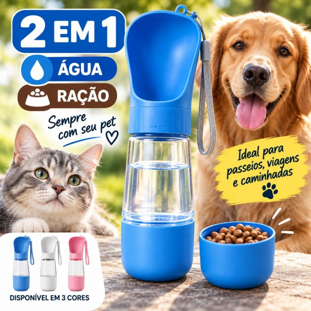 Garrafa Bebedouro Pet Portátil 2 em 1 Água e Ração Cachorro Gato Comedouro Passeio