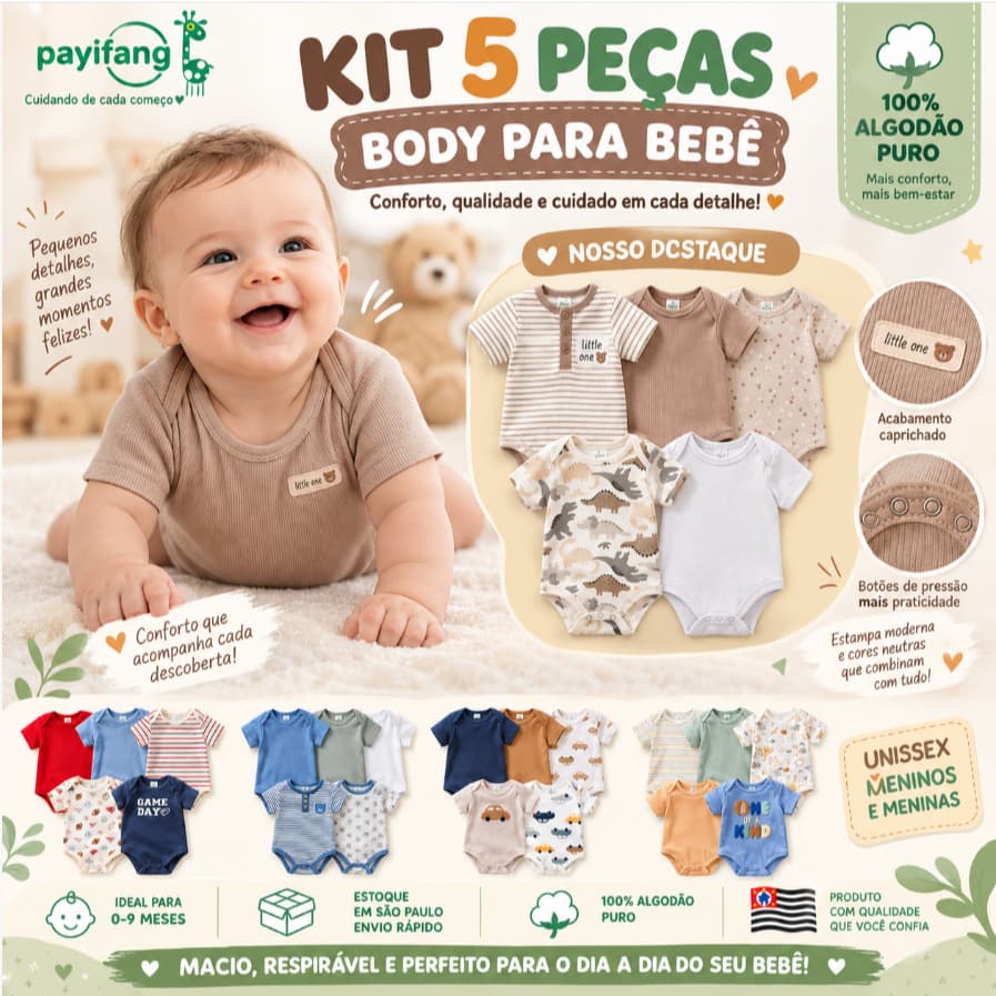 Kit 5 Bodies Bebê Unissex 0 a 9 Meses 100% Algodão Manga Curta Roupa Infantil Enxoval Menino Menina