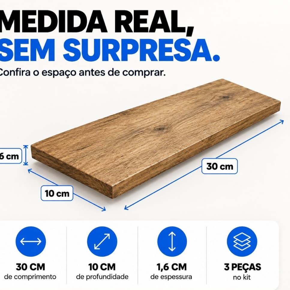 Prateleira Suporte Invisível Kit 3 Prateleira de Madeira Parede 30x10 Pinus Maciça Envelhecida